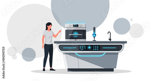 Futuristic kitchen concept with modern oven, woman interacting and minimalist design