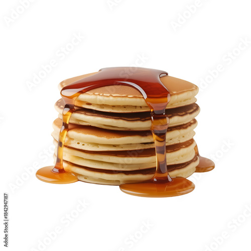 A perfectly stacked pile of fluffy pancakes with sweet golden syrup flowing down the sides