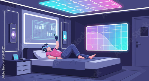 Futuristic living: Man in virtual reality interacting with holographic display in his bedroom