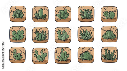 Cartoon cactus icons set on cracked earth squares graphic design elements