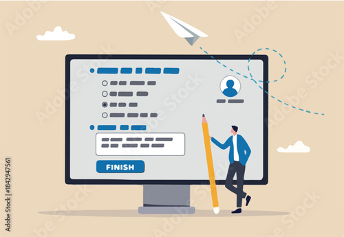 Online questionnaire survey, customer feedback choice or checklist, internet exam, opinion or comment, answer question, surveyor poll concept, man with pencil finish online questionnaire on computer