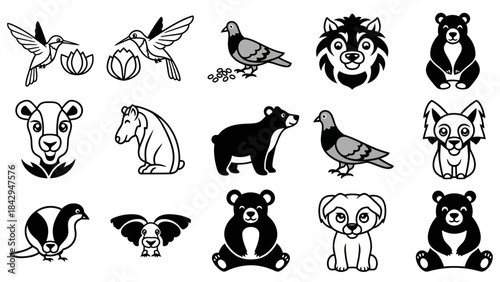 Collection of various animal illustrations in black and white style