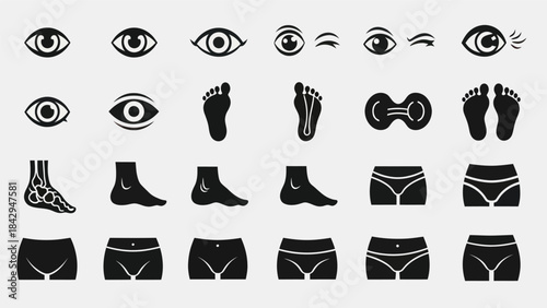 Collection of human body icons in simple black and white style