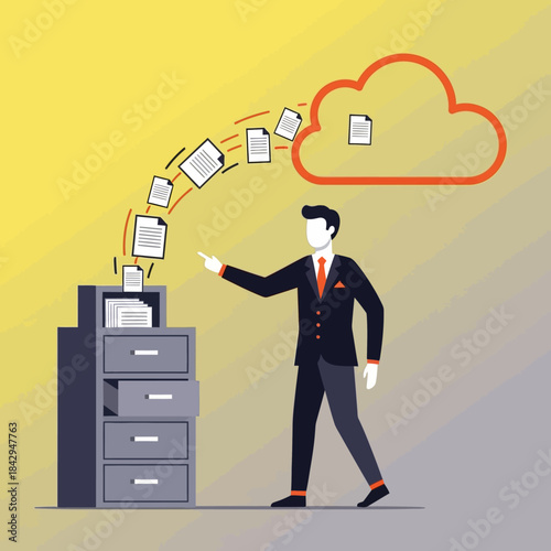 Businessman directs paper documents from a physical filing cabinet upward toward a bright digital cloud storage icon symbolizing data migration