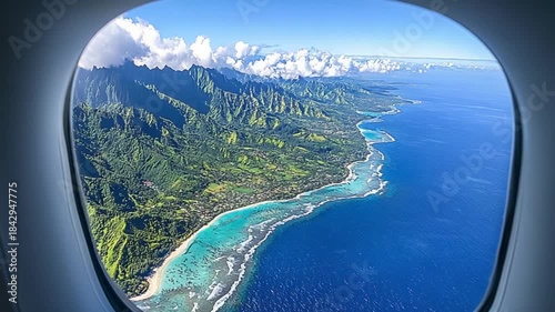 Stunning aerial view of lush tropical coastline from an airplane window.
