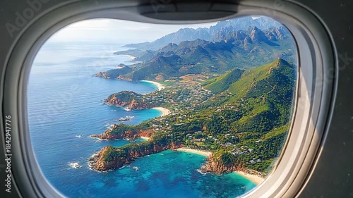 Panoramic view from an airplane window of a coastal landscape with mountains and turquoise waters.