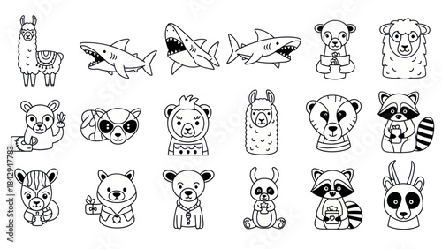 Collection of illustrated black and white animals with various poses and expressions