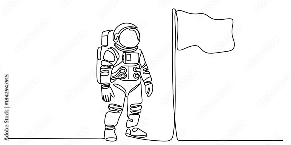 Fototapeta premium Continuous line art drawing of an astronaut and a flag representing space exploration Vector, illustration