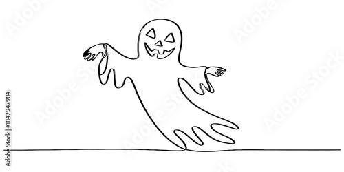 One continuous line drawing of a flying spooky ghost for halloween decoration or theme Vector, illustration