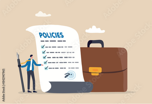 Company policies document, legal of term and services, agreement or process to follow, corporate rules or guidance concept, businessman holding pen with company policy document and business briefcase