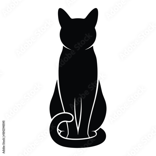 Elegant black cat sitting upright with curled tail silhouette