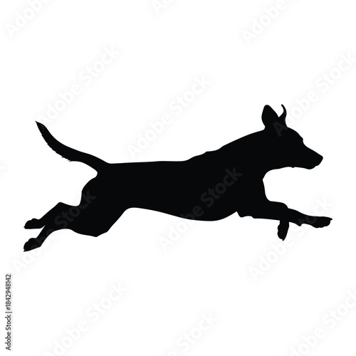 Dynamic black silhouette of a dog in mid air leap