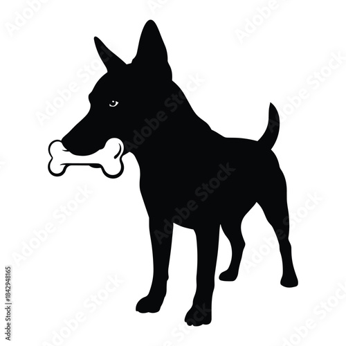Black silhouette of a dog holding a bone in its mouth silhouette