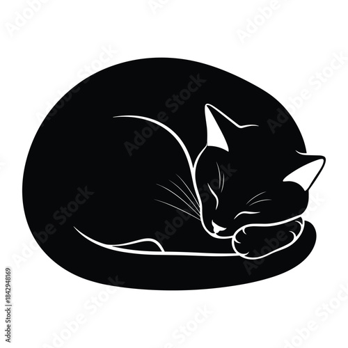 Cozy black cat curled up sleeping peaceful silhouette