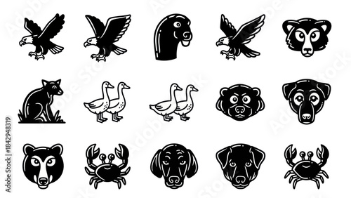 Collection of black and white animal silhouettes for design and illustration