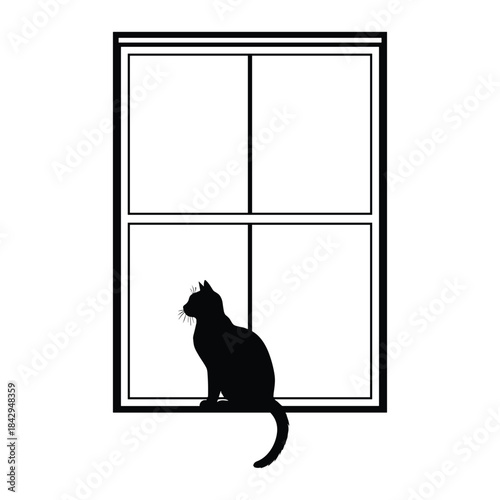 Black cat silhouette sitting on a windowsill looking out a window silhouette