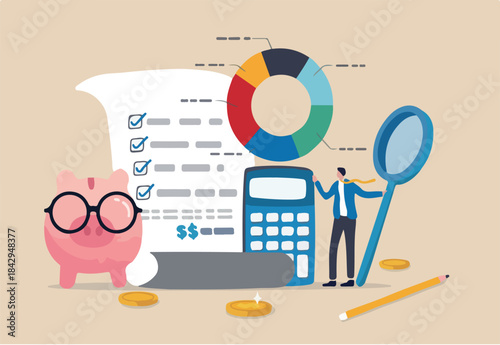 Budget planning or income management, spending and expense report or investment balance sheet, debt calculation and analysis, businessman with magnifier planning budget with calculator and chart