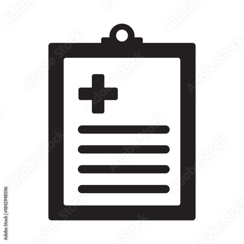 Black medical clipboard document icon with health cross Essential for patient records care data digital info reports