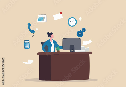 Employee wellbeing or wellness, comfortable to work, project management or relax workplace, balance or productivity concept, office woman mindfulness meditating on working desk levitate working stuff