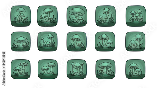 Green cartoon mushroom icons set for games and illustrations