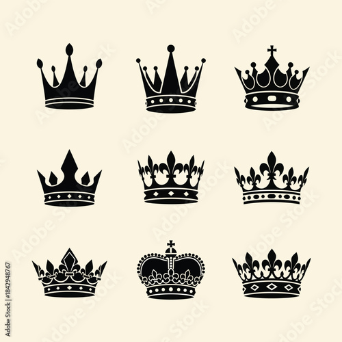 Vector illustration of collection of black crown silhouettes on a beige background