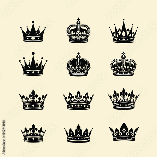 Vector illustration of collection of various royal crowns on beige background for decorative use