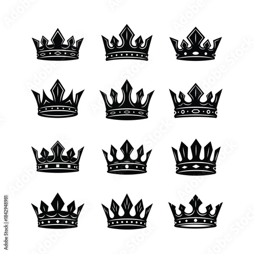 Vector illustration of collection of black crown silhouettes in various designs and styles