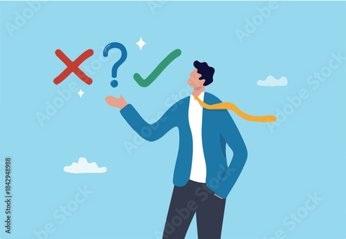 Decision making right or wrong, decide or determination to solve problem, solution, choice or choosing pathway, thinking or challenge for result concept, businessman choosing right or wrong decision