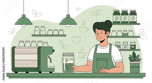 Green aesthetic coffee shop with barista, offering herbal infusions and a cozy atmosphere for