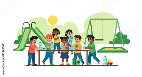 Group of cheerful kids holding water bottles in a playful outdoor setting with playground equipment