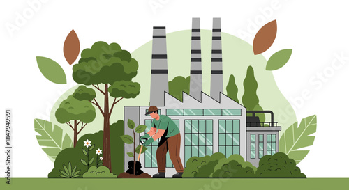 Harmonizing industry and nature worker plants trees in front of a factory landscape