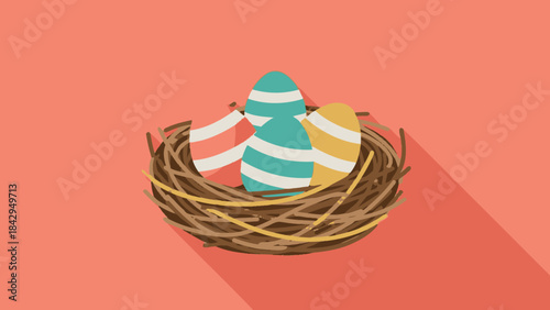 Easter Eggs in Nest: A colorful Easter egg trio nestled within a meticulously crafted twig nest, symbolizing new beginnings and festive joy on a vibrant background.