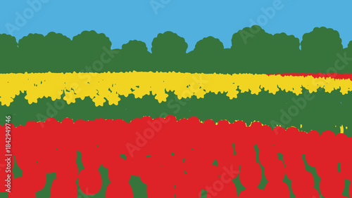 Colorful Field of Dreams: An expansive field bursts with the vibrant hues of red, yellow, and green, creating a picturesque landscape under a clear blue sky.