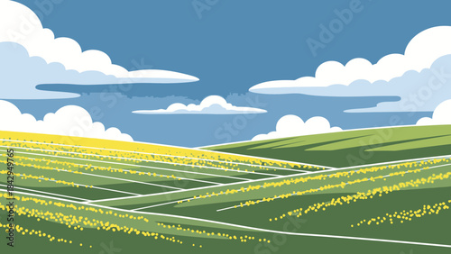 Field of Dreams: An idyllic landscape features rolling green hills carpeted with vibrant fields of yellow flowers, stretching towards a vast blue sky dotted with fluffy clouds.