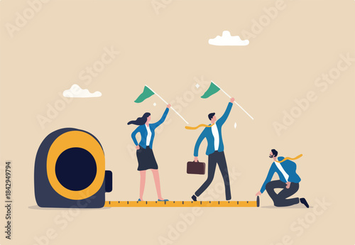 Measure employee performance, evaluation or assessment, staff improvement or success level, appraisal, goal and achievement concept, businessman manager measure employee success with measuring tape