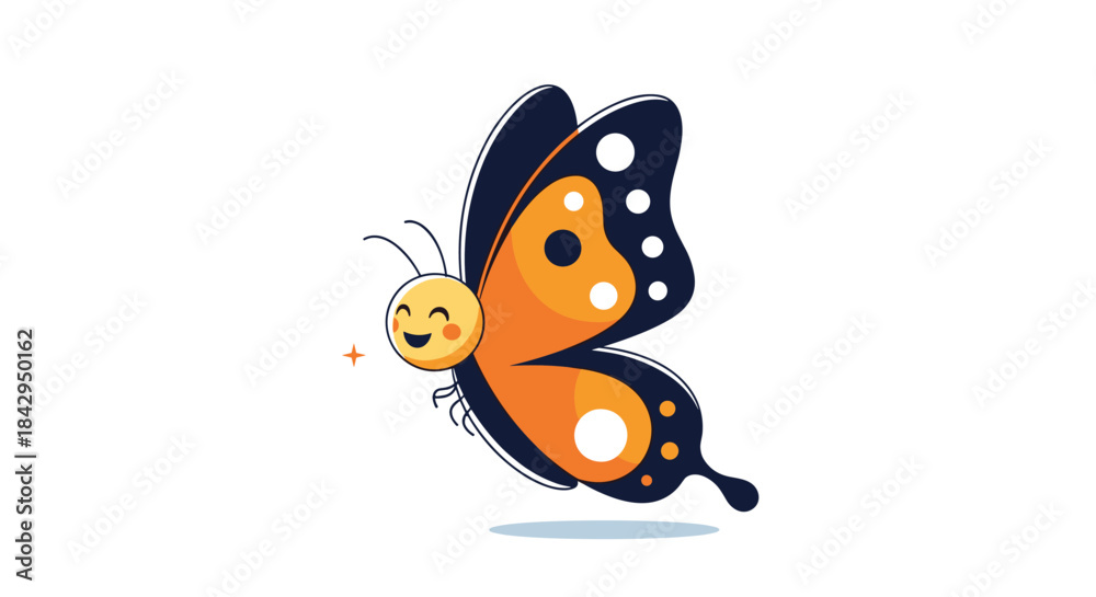 Obraz premium Vibrant and cheerful cartoon butterfly in flight, with orange and black wings, featuring an adorable smiling face, on a white background.
