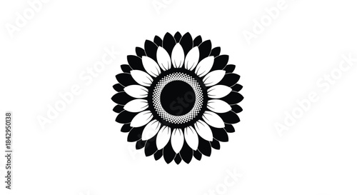 Striking and bold black and white silhouette of a beautiful sunflower, captured in intricate detail, against a clean white background.