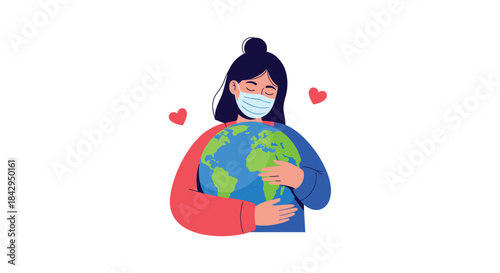 Compassionate young woman wearing a protective face mask, gently embracing the Earth with heartfelt love and care, surrounded by small hearts.