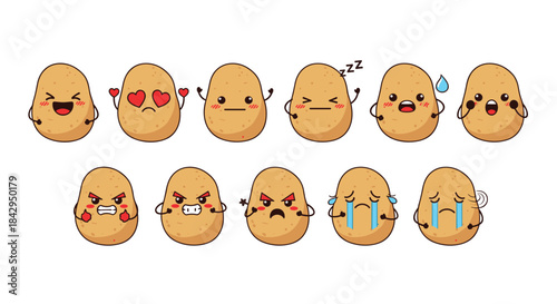 Amusing and diverse collection of cartoon potato characters, each expressing a wide range of emotions from joy to anger and sadness.