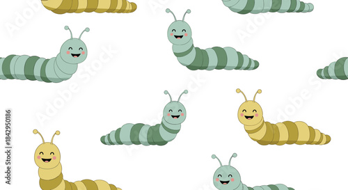 Adorable and playful seamless pattern featuring numerous cute cartoon caterpillars wiggling and smiling across a clean white background.