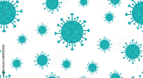 Illustrative and concerning seamless pattern featuring numerous turquoise coronavirus cells, representing the global pandemic and viral spread.