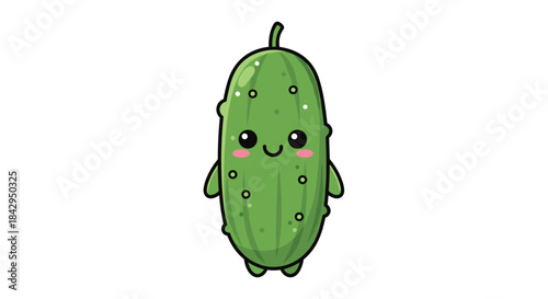 Adorable and cheerful cartoon cucumber with a delightful smiling face, standing upright, showcasing a fresh and healthy vegetable.