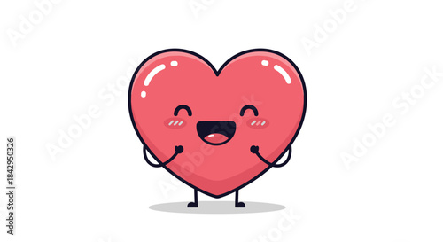 Happy red cartoon heart with a wide smile and rosy cheeks, standing on a white background, symbolizing joy and affection.