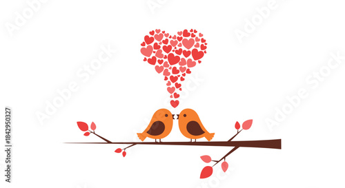 Romantic and heartwarming illustration of two cartoon birds on a branch, lovingly creating a large heart formed from many smaller hearts.