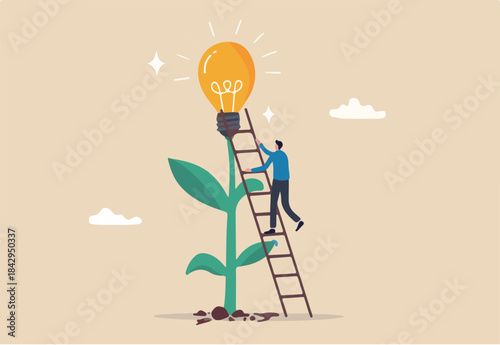 Creativity idea, solution or persuade success, climb up career ladder or business growth, improvement progress, personal development concept, businessman climb up ladder to reach lightbulb grow plant