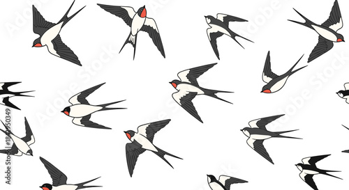 Elegant and dynamic seamless pattern showcasing numerous swallows gracefully soaring and flying across a clean white background.