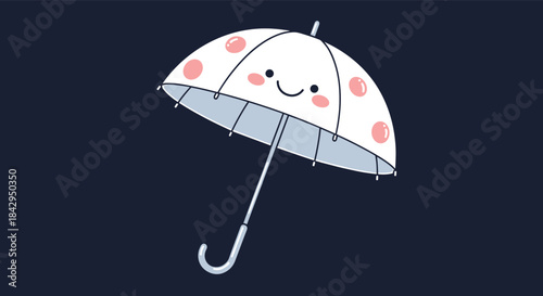 Cute cartoon white umbrella with pink polka dots and a happy face, providing a cheerful and whimsical touch on a dark background.