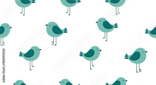 Repetitive pattern of charming teal-colored cartoon birds with short legs, creating a delightful and serene background on a pristine white surface.