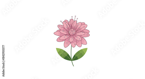 Delicate pink flower with layered petals and a central stamen cluster rendered in a clean vector style with two green leaves on a slender stem.