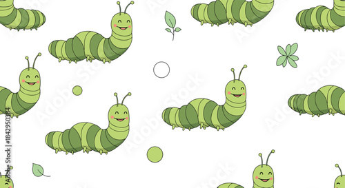 Bright cartoon green caterpillars wander across a white background creating a whimsical playful seamless pattern perfect for kids products and illustrations.